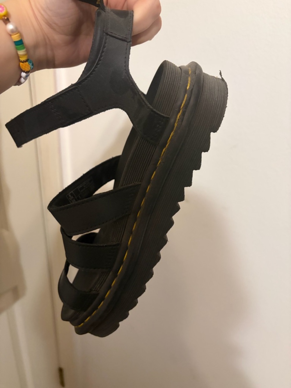 Dr. Martens Black Leather Platform Sandals with Yellow Stitching